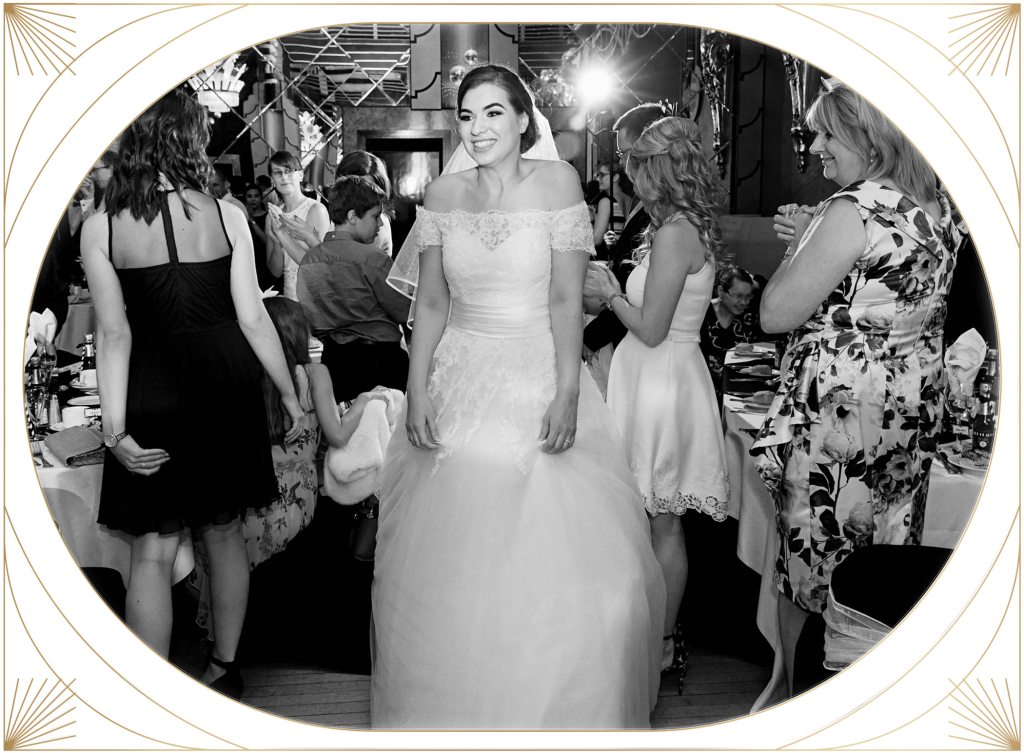 Luxury art deco hotel in Doncaster bride walking through The Earl wedding venue