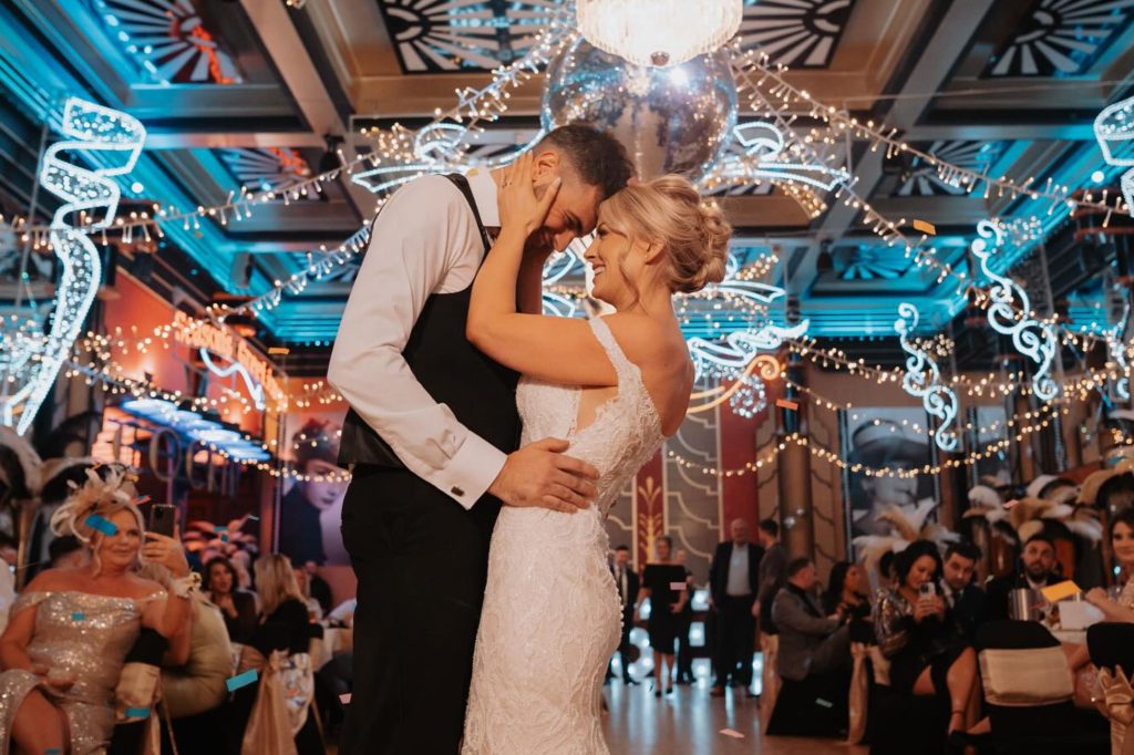Luxury art deco hotel in Doncaster bride and groom dance in the ballroom