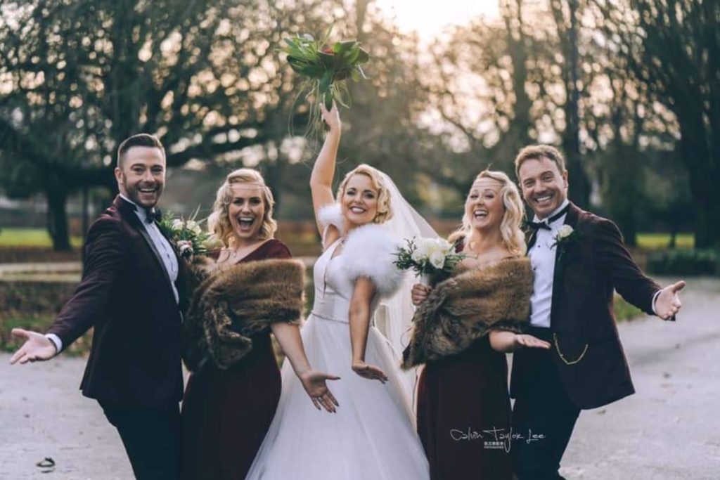 Luxury art deco hotel in Doncaster wedding party cheer in winter